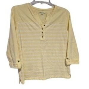 Croft & Barrow Womens Yellow Striped Henley Top 3/4 Sleeve Petite Small PS